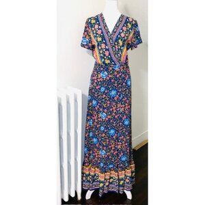 Boho Floral Maxi Dress Small V Neck Short Sleeve Wrap Tie Waist Ruffle Hem